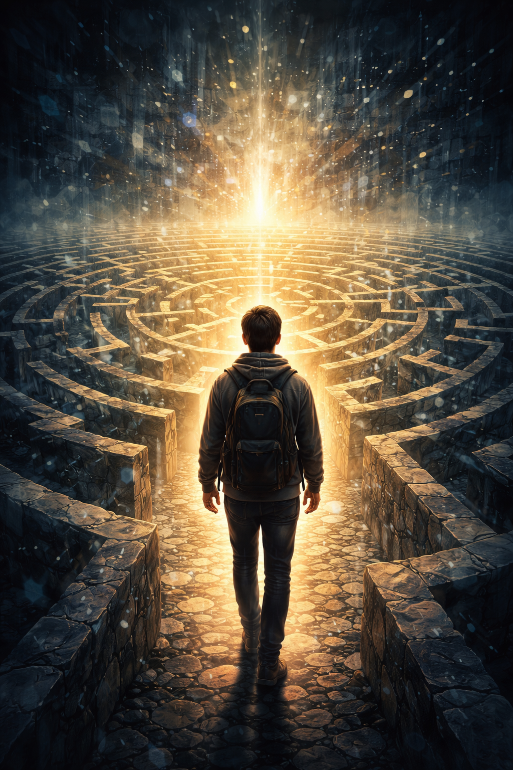 Das Labyrinth des Wissens - Junger Mensch am Eingang des Labyrinths, symbolisch für den Weg zur Erkenntnis